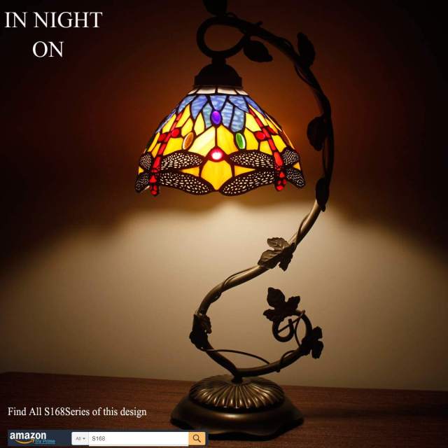 Tiffany Table lamp Banker Stained Glass Lamp, Bedside Lamp Blue Yellow Dragonfly Country Style Desk Light with Metal Leaf Thin Base 21 Inch Tall for Living Bedroom Farmhouse WERFACTORY LED Bulb Included