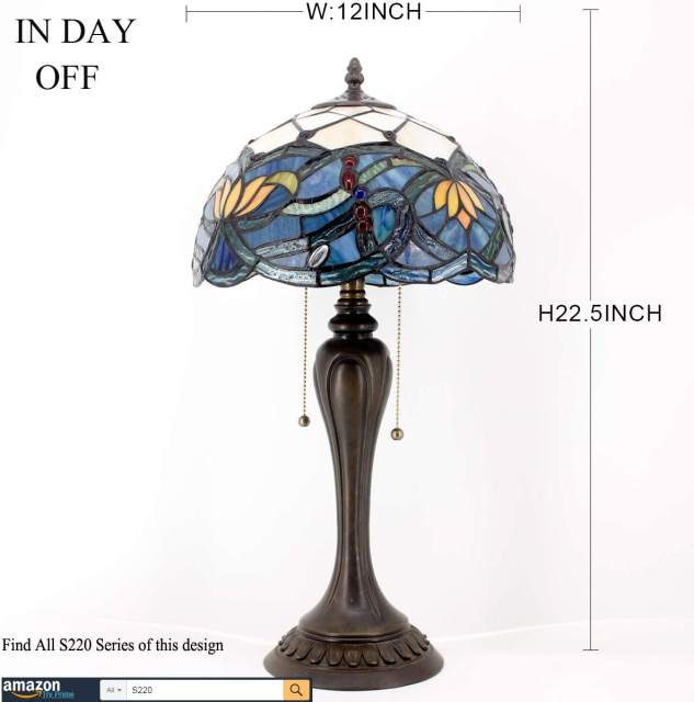 Tiffany Table Lamp Blue Lotus Stained Glass Style Shade Resin Base 22 Inch Tall Thin Antique Rustic Desk Bedside Light Living Room Bedroom Farmhouse Victorian Colorful Flower WERFACTORY Led Bulb Included