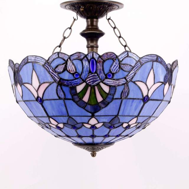 Tiffany Ceiling Light Fixture Semi Flush Mount 16 Inch Blue Purple Lavender Stained Glass Baroque Shade Island Boho Hanging Lamp Decor Bedroom Kitchen Dining Living Room Entry Foyer Hallway WERFACTORY