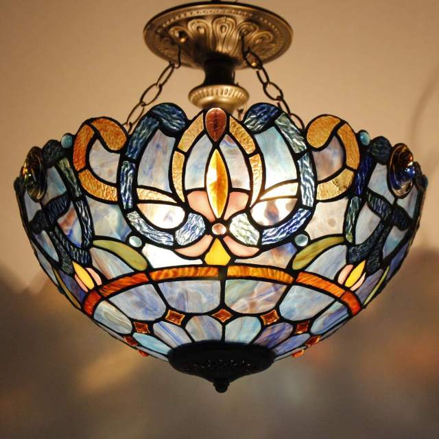 Tiffany Ceiling Light Fixture Semi Flush Mount 16 Inch Blue Purple Cloud Stained Glass Shade Island Hanging Lamp Close to Dome Boho Decor Bedroom Kitchen Dining Living Room Entry Foyer Hallway WERFACTORY