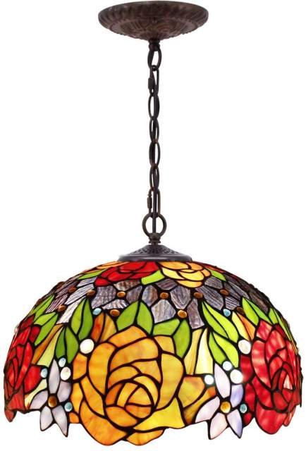 Tiffany LED Pendant Lighting for Kitchen Island Fixture Industrial Rustic Chandelier Large Swag Farmhouse 16 inch Red Rose Stained Glass Shade Boho Hanging Lamp Bar Bedroom Living Dining Room WERFACTORY