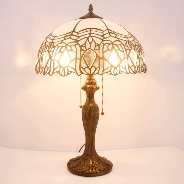 Tiffany Style Table Lamp Stained Glass White Crystal Shade Metal Base 24 Inch Tall Antique Large Luxurious Bedside Desk Reading Light WERFACTORY Memory Lamps Sympathy Living Room Bedroom Bar Banker Library