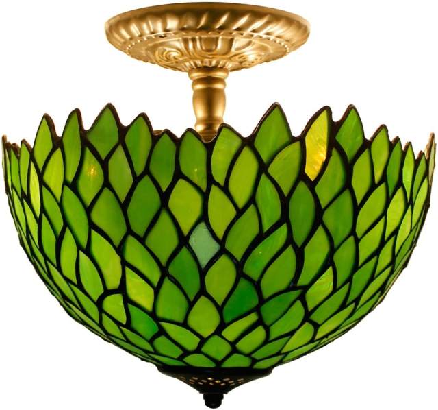 Tiffany Ceiling Light Fixture Semi Flush Mount 12 Inch Green Stained Glass Wisteria Cover Shade Close to Island Boho Hanging Lamp Decor Bedroom Kitchen Dining Living Room Indoor Entry Hallway WERFACTORY
