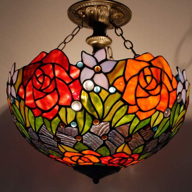 Tiffany Ceiling Light Fixture Semi Flush Mount 16 Inch Stained Glass Red Rose Flower Shade Island Hanging Lamp Close to Dome Boho Decor Bedroom Kitchen Dining Living Room Entry Foyer Hallway WERFACTORY
