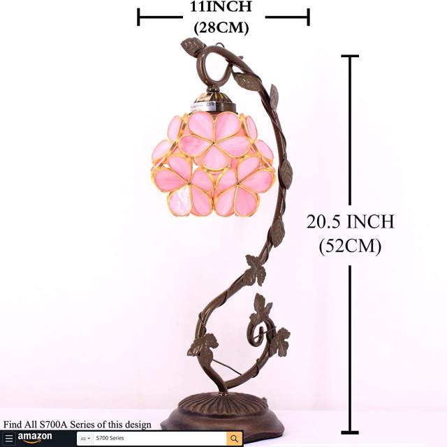 Stained Glass Lamp, Bedside Lamp, Tiffany Table Lamp, Pink Petal Copper Style Metal Leaf Base Reading Desk Light 21 Inch Tall for Bedroom Living Room, Memory Lamp Sympathy WERFACTORY LED Bulb Included
