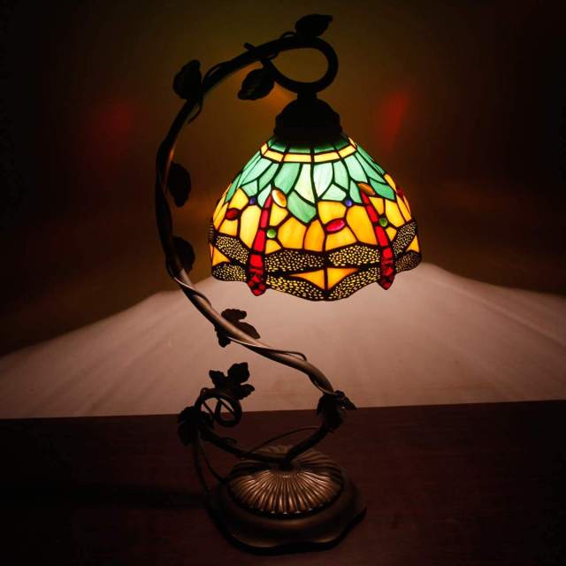 Bedside Lamp Tiffany Style Stained Glass Table Lamp, Green Yellow Dragonfly Antique Banker Desk Light With 21 Inch Tall Thin Metal Leaf Base - Bedroom Living Room Accent Hotel WERFACTORY LED BULB Included