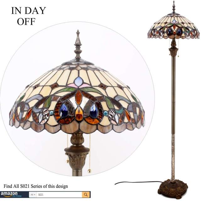 Tiffany Floor Lamp LED Glam Bright Standing Reading Light 64 inch&quot; Tall Serenity Victorian Stained Glass Shade Boho Industrial Bronze Pole Vintage Base Kids Bedroom Living Room Farmhouse Office WERFACTORY