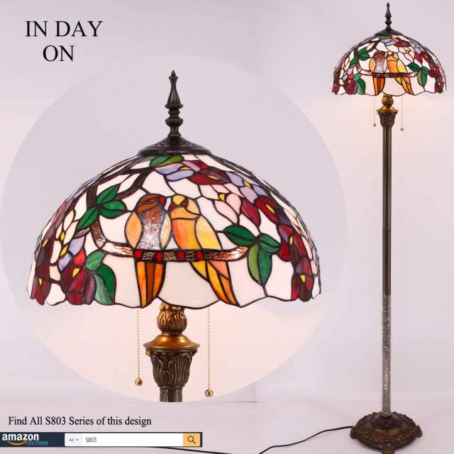 Tiffany Floor Lamp Antique LED Bright Standing Reading Light 64 inch" Tall Stained Glass Birds Shade Boho Industrial Bronze Pole Vintage Base Kids Bedroom Living Room Corner Farmhouse Office WERFACTORY