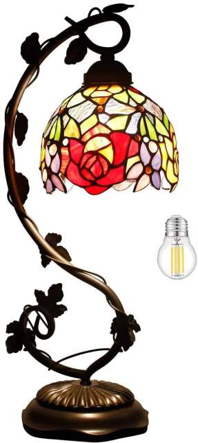 Rose Bedside Lamp, Tiffany Table Lamp with Stained Glass Shade Reading Desk Light 21 Inch Tall Metal Leaf Thin Rustic Industrial Base for Lover Girlfriend Bedroom Living Room WERFACTORY LED Bulb Better