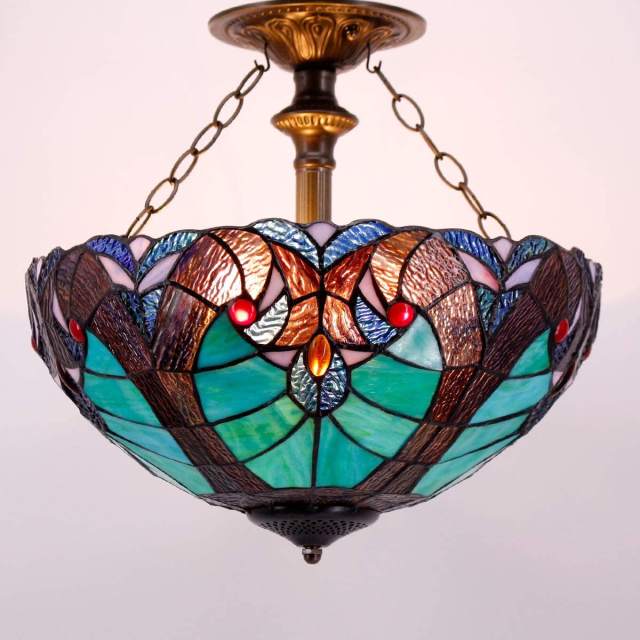 Tiffany Ceiling Light Fixture Semi Flush Mount 16 Inch Green Stained Glass Liaison Shade Island Hanging Lamp Close to Dome Boho Decor Bar Bedroom Kitchen Dining Living Room Entry Foyer Hallway WERFACTORY