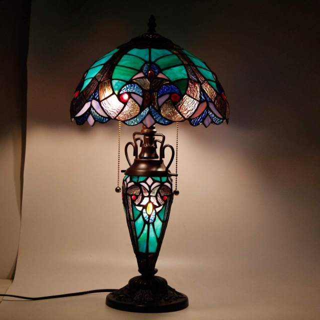 Stained Glass Rustic Table Lamp with Tiffany Style Green Liaison Nightlight 22 Inch Tall Vintage Base Living Room Bedroom Dresser Bedside Nightstand Home Office Family Bar WERFACTORY Led Bulb Included