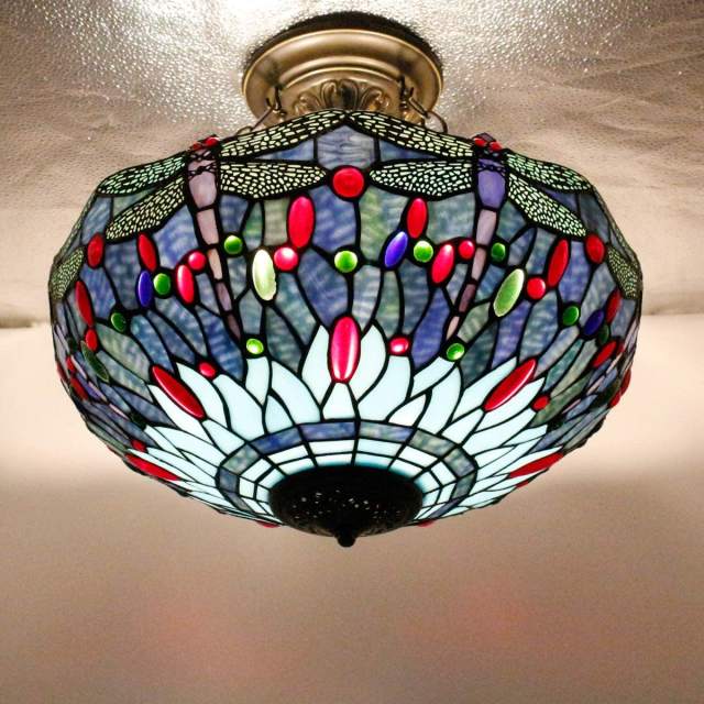 Tiffany Ceiling Light Fixture Semi Flush Mount 16 Inch Stained Glass Blue Dragonfly Shade Island Retro Hanging Lamp Close Dome Boho Decor Bedroom Kitchen Dining Living Room Entry Foyer Hallway WERFACTORY