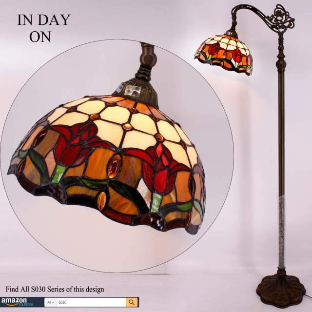 Tiffany Floor Lamp LED 64 inch Tall Industrial Pole Vintage Boho Stained Glass Tulip Standing Corner Bright Reading Light Arched Gooseneck Adjustable - Living Room Kids Bedroom Office Farmhouse WERFACTORY