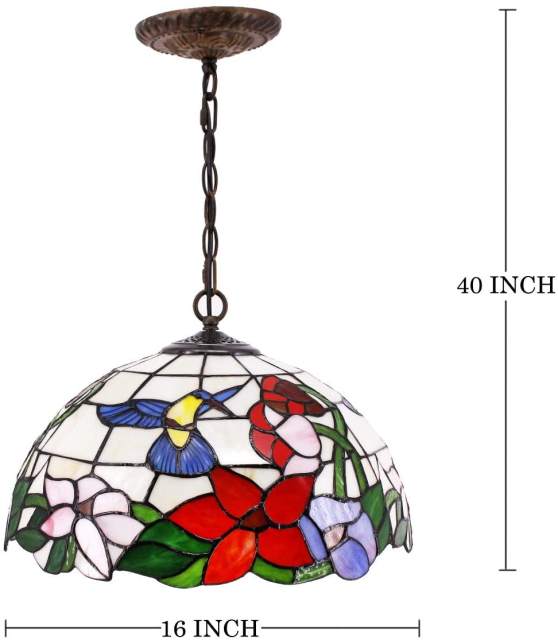 Tiffany Pendant Lighting for Kitchen Island Fixture Industrial Rustic Chandelier Large LED Swag Farmhouse 16 inch Stained Glass Hummingbird Shade Boho Hanging Lamp Bedroom Living Dining Room WERFACTORY