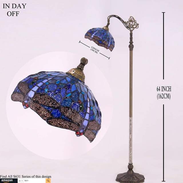 Tiffany Floor Lamp 64 inch Tall Industrial Pole Vintage Boho Blue Stained Glass Dragonfly Standing Corner Bright Reading Light LED Arched Gooseneck Adjustable Living Room Kids Bedroom Farmhouse WERFACTORY