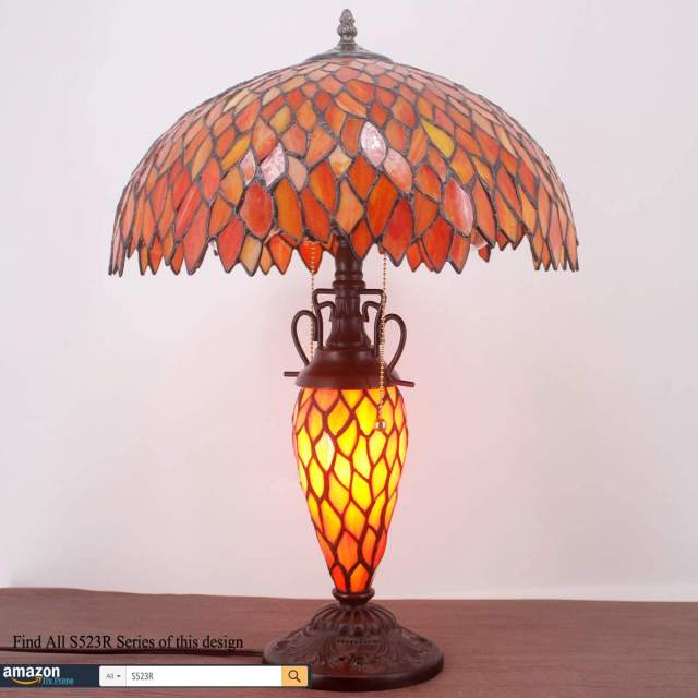 Tiffany Style Table Lamp with Nightlight 24 Inch Tall Rustic Large Red Stained Glass Wisteria Vintage Base Lover Living Room Bedroom Bedside Nightstand Home Office Family WERFACTORY Led Bulb Included