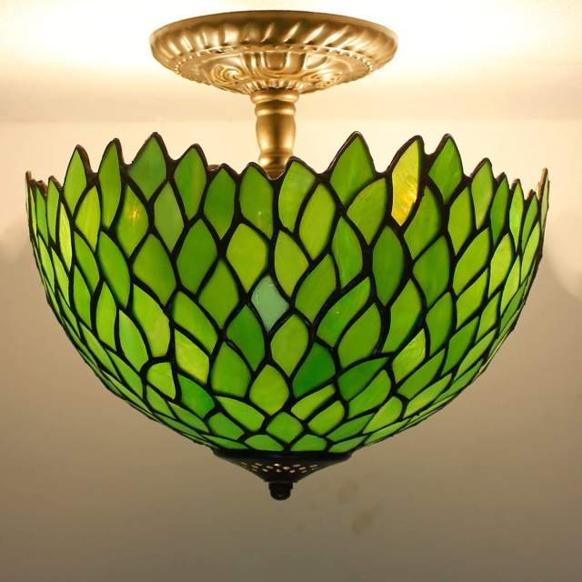 Tiffany Ceiling Light Fixture Semi Flush Mount 12 Inch Green Stained Glass Wisteria Cover Shade Close to Island Boho Hanging Lamp Decor Bedroom Kitchen Dining Living Room Indoor Entry Hallway WERFACTORY