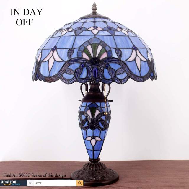 Rustic Tiffany Style Large Table Lamp with Nightlight 24 Inch Tall Blue Purple Lavender Stained Glass Baroque Vintage Base Living Room Bedroom Bedside Nightstand Home WERFACTORY Led Bulb Included
