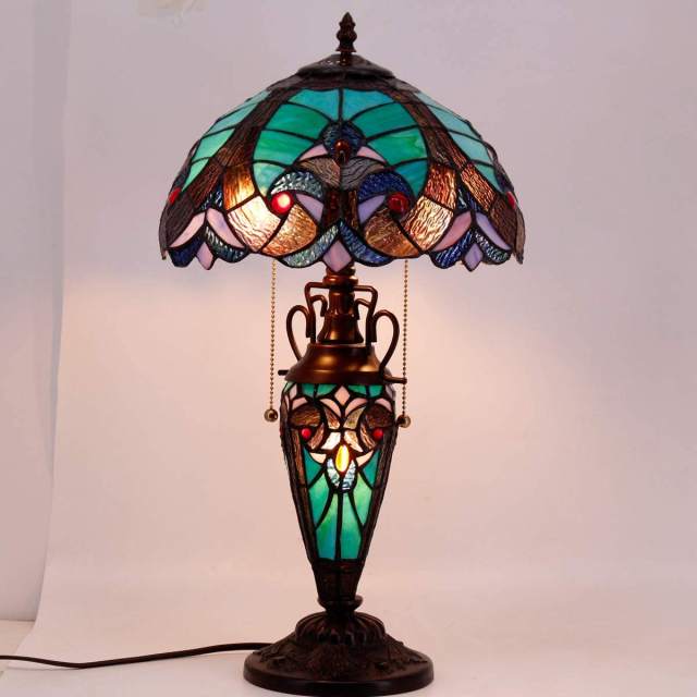 Stained Glass Rustic Table Lamp with Tiffany Style Green Liaison Nightlight 22 Inch Tall Vintage Base Living Room Bedroom Dresser Bedside Nightstand Home Office Family Bar WERFACTORY Led Bulb Included