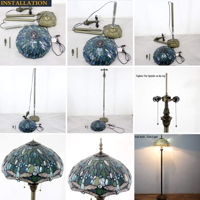 Tiffany Floor Lamp LED Bright Standing Reading Light 64 Inch Tall Sea Blue Stained Glass Dragonfly Shade Boho Industrial Bronze Pole Vintage Base Corner Kids Bedroom Living Room Farmhouse Office WERFACTORY