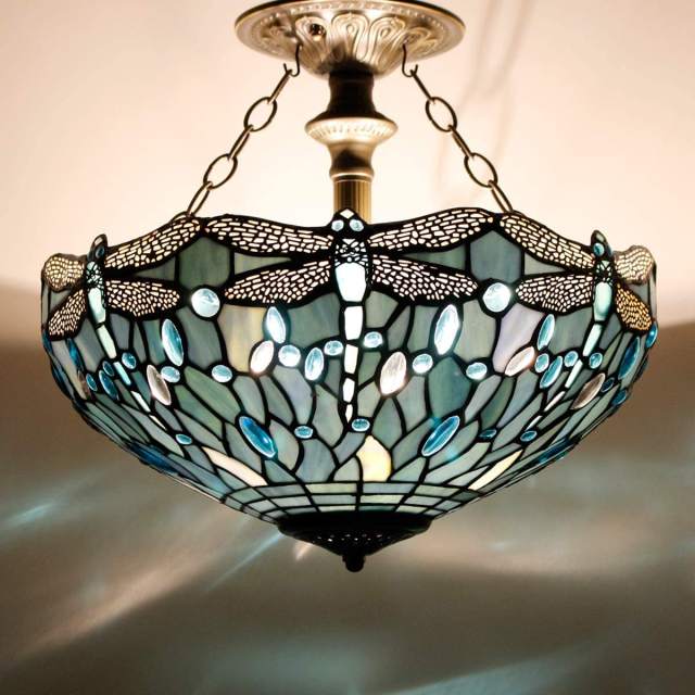 Tiffany Ceiling Light Fixture Semi Flush Mount 16 Inch Sea Blue Stained Glass Dragonfly Shade Close to Dome Island Boho Hanging Lamp Decor Bedroom Kitchen Dining Living Room Entry Foyer Hallway WERFACTORY
