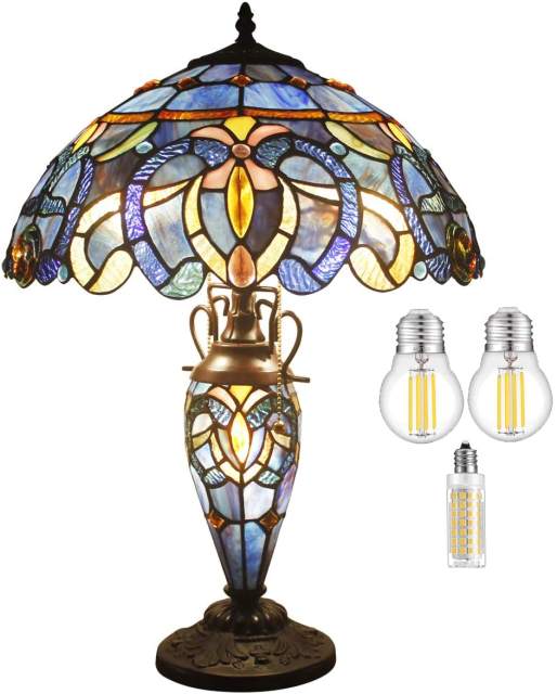 Tiffany Style Rustic Large Table Lamp with Nightlight 24 Inch Tall Blue Purple Cloudy Stained Glass Vintage Base Living Room Bedroom Bedside Nightstand Home Office Family WERFACTORY Led Bulb Included