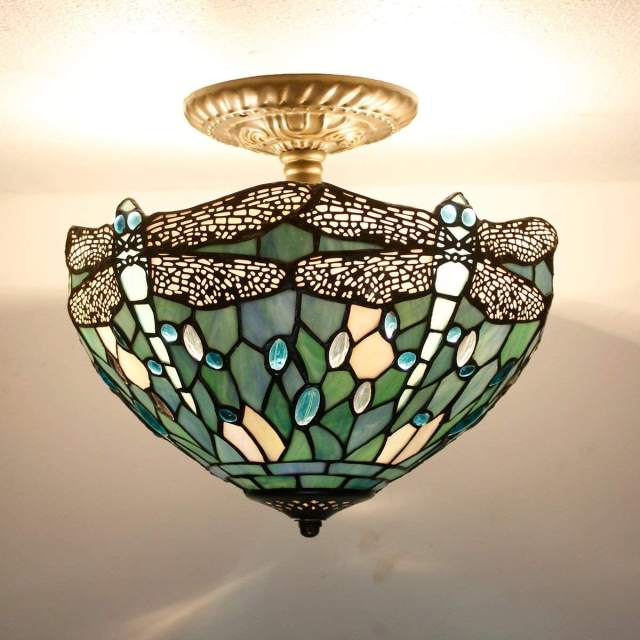Tiffany Ceiling Light Fixture Semi Flush Mount 12 Inch Sea Blue Stained Glass Dragonfly Cover Shade Overhead Close to Island Hanging Lamp Decor Bedroom Kitchen Dining Living Room Entry Hallway WERFACTORY
