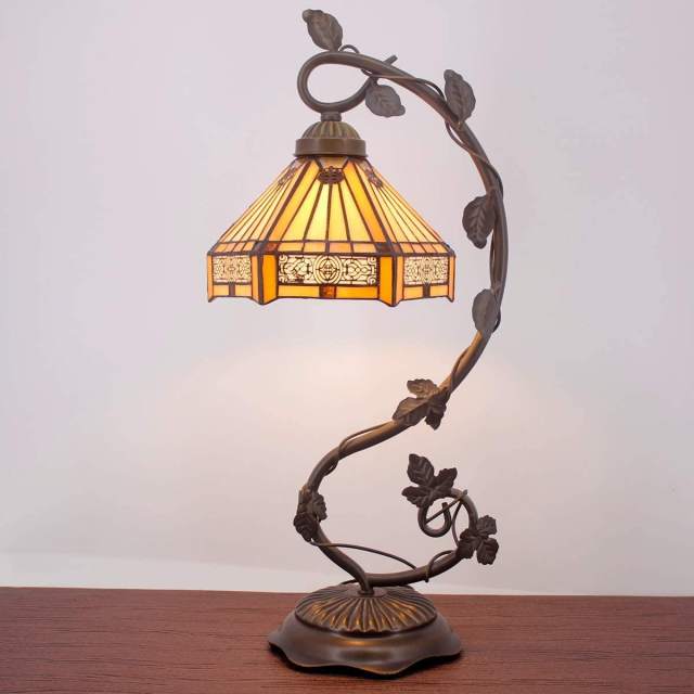 Tiffany Lamp Stained Glass Table Lamp, Bedside Lamp with Metal Leaf Thin Base 21 Inch Tall, Yellow Hexagon Mission Banker Style Desk Light for Bedroom Living Room Farmhouse WERFACTORY LED Bulb Included