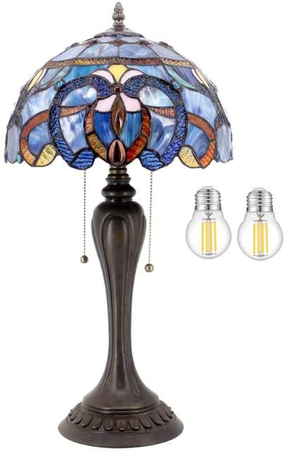 Tiffany Style Table Lamp Blue Purple Stained Glass Cloud Shade Resin Base 22 Inch Tall Banker Luxurious Antique Reading Light Lover Girlfriends Living Room Bedroom Farmhouse WERFACTORY Led Bulb Included