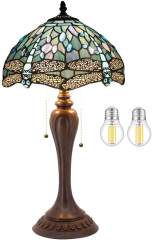 Tiffany Table Lamp Sea Blue Stained Glass Dragonfly Style Teal Shade Resin Base 22 Inch Tall Antique Bedside Desk Light Lover Living Bedroom Farmhouse Memory Lamps Sympathy WERFACTORY Led Bulb Included