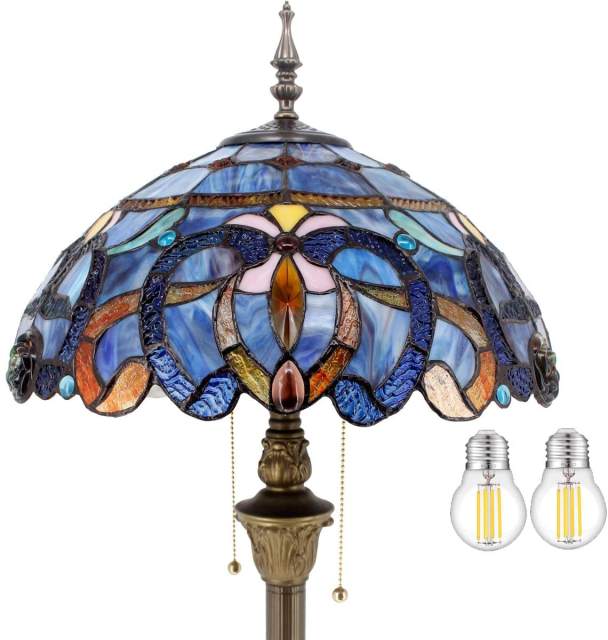 Tiffany Floor Lamp Glam LED Bright Antique Standing Reading Light 64 inch&quot; Tall Blue Purple Stained Glass Shade Boho Industrial Bronze Pole Vintage Base Kids Bedroom Living Room Farmhouse Office WERFACTORY