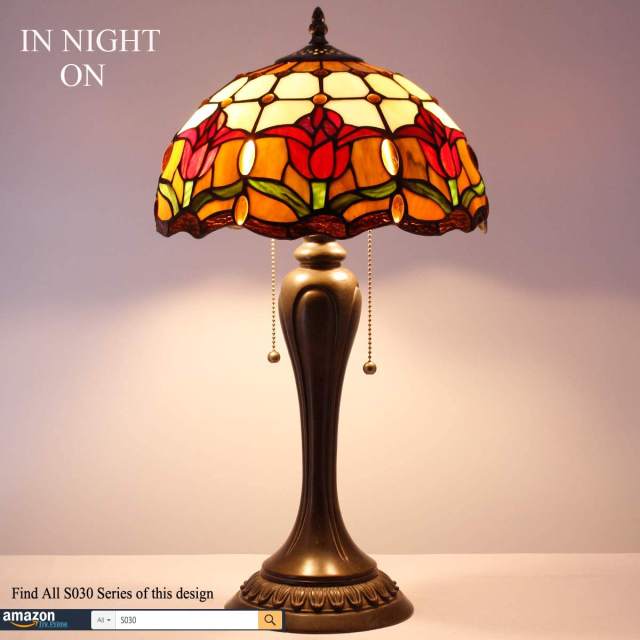Tiffany Table Lamp Colorful Stained Glass Shade 22 Inch Tall Thin Reading Bedside Desk Light Red Tulip Flower Antique Memory Sympathy S030 Girlfriend Lover Living Room Bedroom WERFACTORY Led Bulb Included