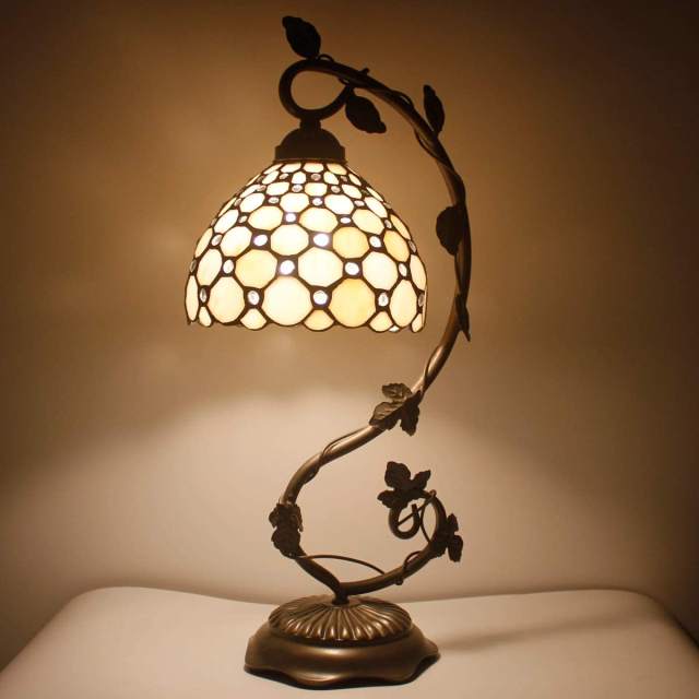 Bedside Lamp Stained Glass Shade Tiffany Table Lamp Banker, Cute Cream Pearl Style Desk Light with Metal Leaf Thin Base 21 Inch Tall for Reading Living Room Bedroom Farmhouse WERFACTORY LED Bulb Better
