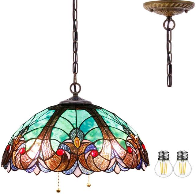 Tiffany Pendant Lighting for Kitchen Island Large Fixture Industrial Rustic LED Chandelier Swag Farmhouse 16 inch Green Stained Glass Liaison Shade Boho Hanging Lamp Bedroom Living Dining Room WERFACTORY