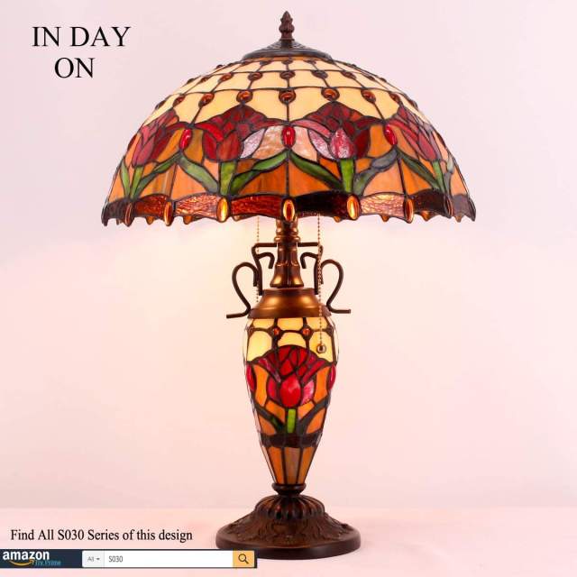 Rustic Large Tiffany Lamp with Nightlight 24 Inch Tall Red Stained Glass Tulip Flower Table Lamp Vintage Base Lover Living Room Bedroom Bedside Nightstand Home Office Family WERFACTORY Led Bulb Better
