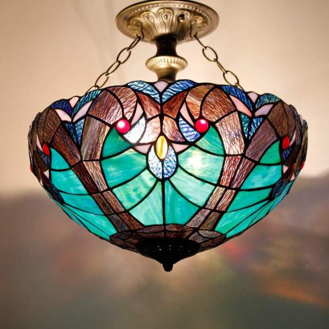 Tiffany Ceiling Light Fixture Semi Flush Mount 16 Inch Green Stained Glass Liaison Shade Island Hanging Lamp Close to Dome Boho Decor Bar Bedroom Kitchen Dining Living Room Entry Foyer Hallway WERFACTORY