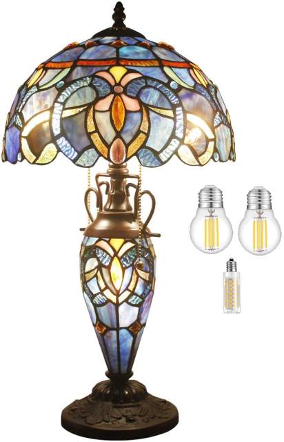 Tiffany Style Lamp Rustic Stained Glass Table Lamp with Nightlight 22 Inch Tall Blue Purple Cloud Vintage Base Living Room Bedroom Bedside Nightstand Home Office Family WERFACTORY Led Bulb Included