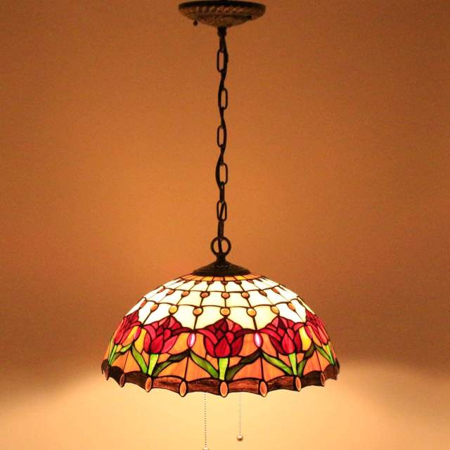 Tiffany Pendant Lighting for Kitchen Island Fixture Industrial Rustic Chandelier Large Swag Farmhouse 16 inch Red Tulip Stained Glass Flower Shade Boho Hanging Lamp Bedroom Living Dining Room WERFACTORY
