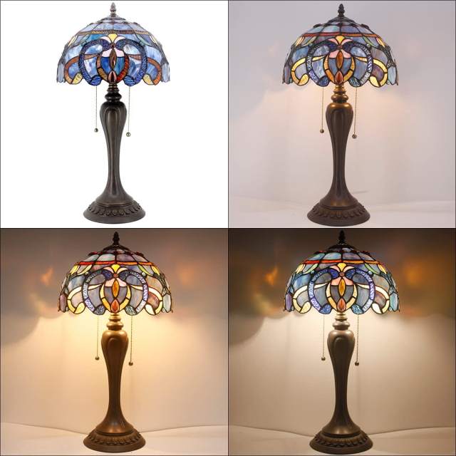 Tiffany Style Table Lamp Blue Purple Stained Glass Cloud Shade Resin Base 22 Inch Tall Banker Luxurious Antique Reading Light Lover Girlfriends Living Room Bedroom Farmhouse WERFACTORY Led Bulb Included