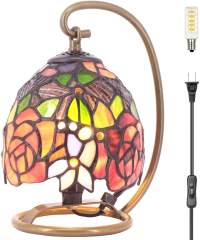 Cute Night Light for Kids Room Small Tiffany Lamp Bedside LED Antique Mini Red Rose Stained Glass Art Shade Sage Base ​Décor Baby Children Boys Girls Teen Bedroom Desk Table Unique Gifts WERFACTORY