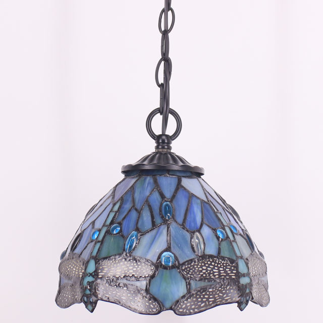 Tiffany Plug in Pendant Lighting, Rustic Hanging Light Fixture with Stained Glass Sea Blue Dragonfly Shade WERFACTORY Mini Farmhouse Antique Chandelier Swag for Kitchen Island Dining Room Hallway