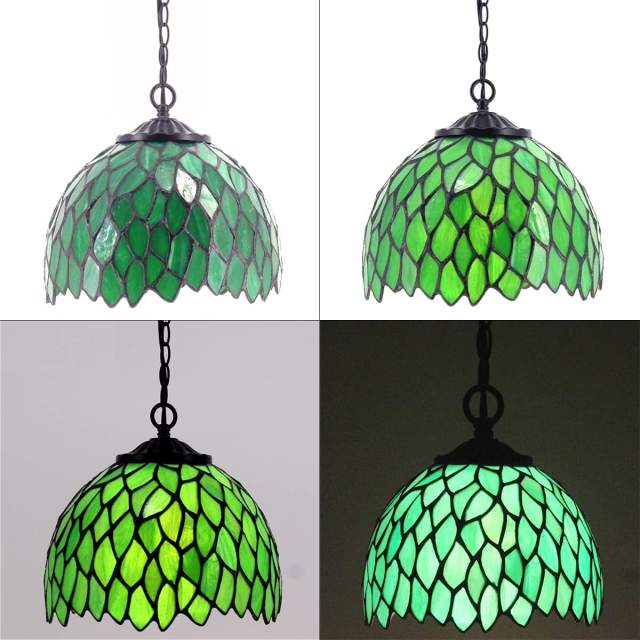 Tiffany Plug in Pendant Lighting, Rustic Hanging Light Fixture with Stained Glass Green Wisteria Shade WERFACTORY Mini Farmhouse Antique Chandelier Swag for Kitchen Island Dining Room Hallway