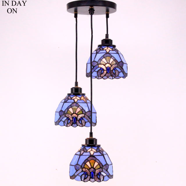 3 Lights Tiffany Pendant Lighting Fixture for Kitchen Island Industrial Rustic LED Chandelier Swag Farmhouse Blue Purple Baroque Stained Glass Dragonfly Shade Hanging Lamp Dining Room Bedroom Living WERFACTORY