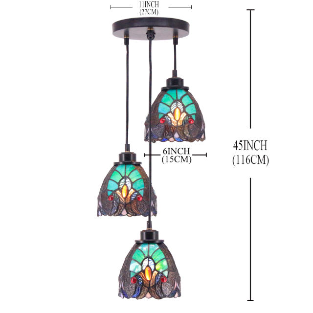 3 Lights Tiffany Pendant Lighting Fixture for Kitchen Island Industrial Rustic LED Chandelier Swag Farmhouse Green Stained Glass Dragonfly Shade Hanging Lamp Dining Room Bedroom Living WERFACTORY