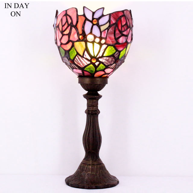 Tiffany Lamp Bedside Small Mini LED Table Lamp Red Stained Glass Rose Shade Metal Base 13" Tall Luxurious Nightstand Candle Uplight Farmhouse Desk Nightlight Living Room Bedroom WERFACTORY Lamps