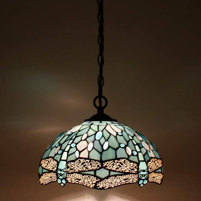 Tiffany Pendant Lighting for Kitchen Island Fixture Plug in Cord 12 inch Sea Blue Stained Glass Dragonfly Shade Rustic LED Hanging Lamp Mini Farmhouse Antique Chandelier Swag for Dining Room WERFACTORY