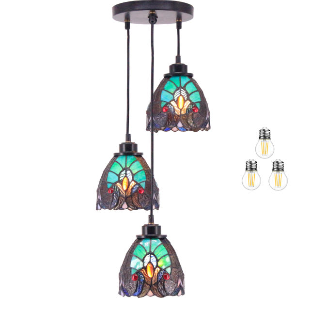 3 Lights Tiffany Pendant Lighting Fixture for Kitchen Island Industrial Rustic LED Chandelier Swag Farmhouse Green Stained Glass Dragonfly Shade Hanging Lamp Dining Room Bedroom Living WERFACTORY