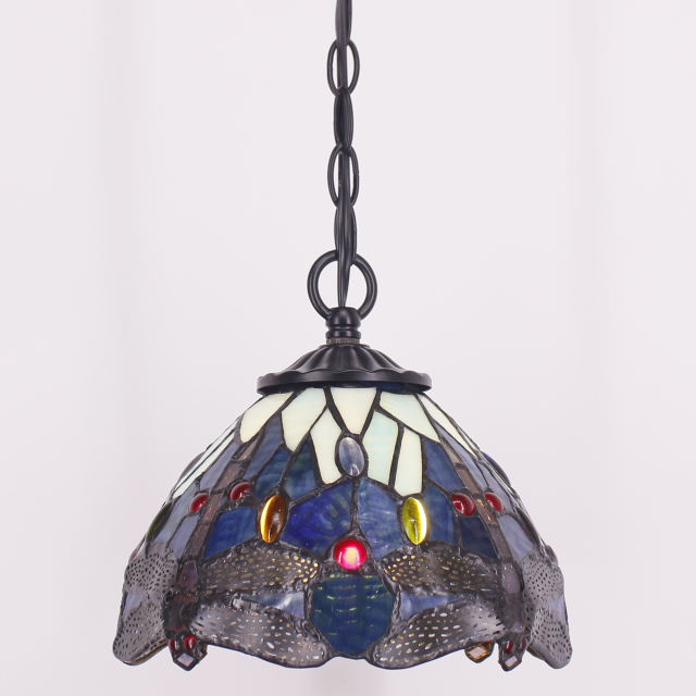 Tiffany Plug in Pendant Lighting, Rustic Hanging Light Fixture with Stained Glass Blue Dragonfly Shade WERFACTORY Mini Farmhouse Antique Chandelier Swag for Kitchen Island Dining Room Hallway