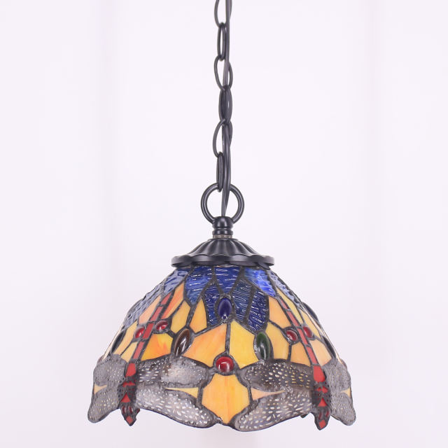 Tiffany Plug in Pendant Lighting, Rustic Hanging Light Fixture with Stained Glass Yellow Blue Dragonfly Shade WERFACTORY Mini Farmhouse Antique Chandelier Swag for Kitchen Island Dining Room Hallway