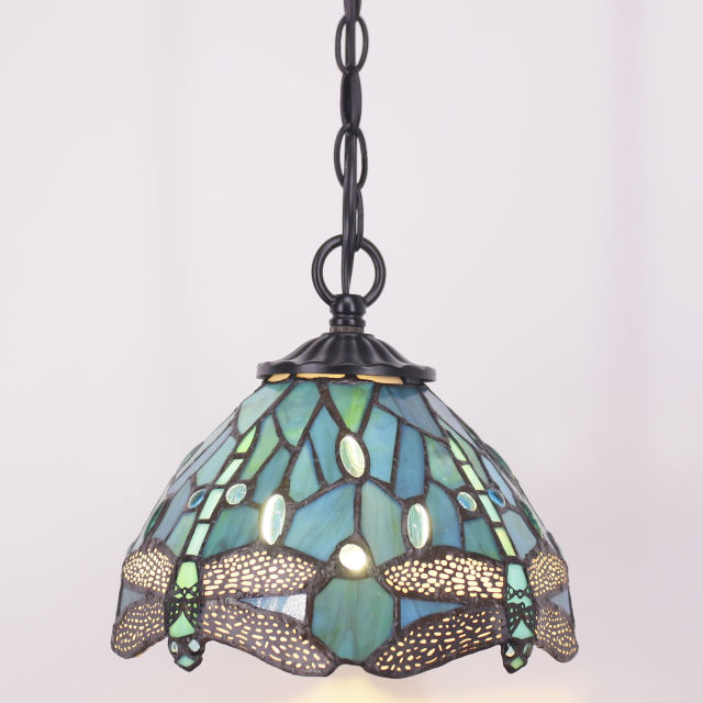 Tiffany Plug in Pendant Lighting, Rustic Hanging Light Fixture with Stained Glass Green Blue Dragonfly Shade WERFACTORY Mini Farmhouse Antique Chandelier Swag for Kitchen Island Dining Room Hallway
